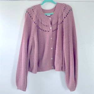 Boden Fluffy Ruffle Cardigan size XL in Dahlia Pink - Open Work Knit Wool Blend
